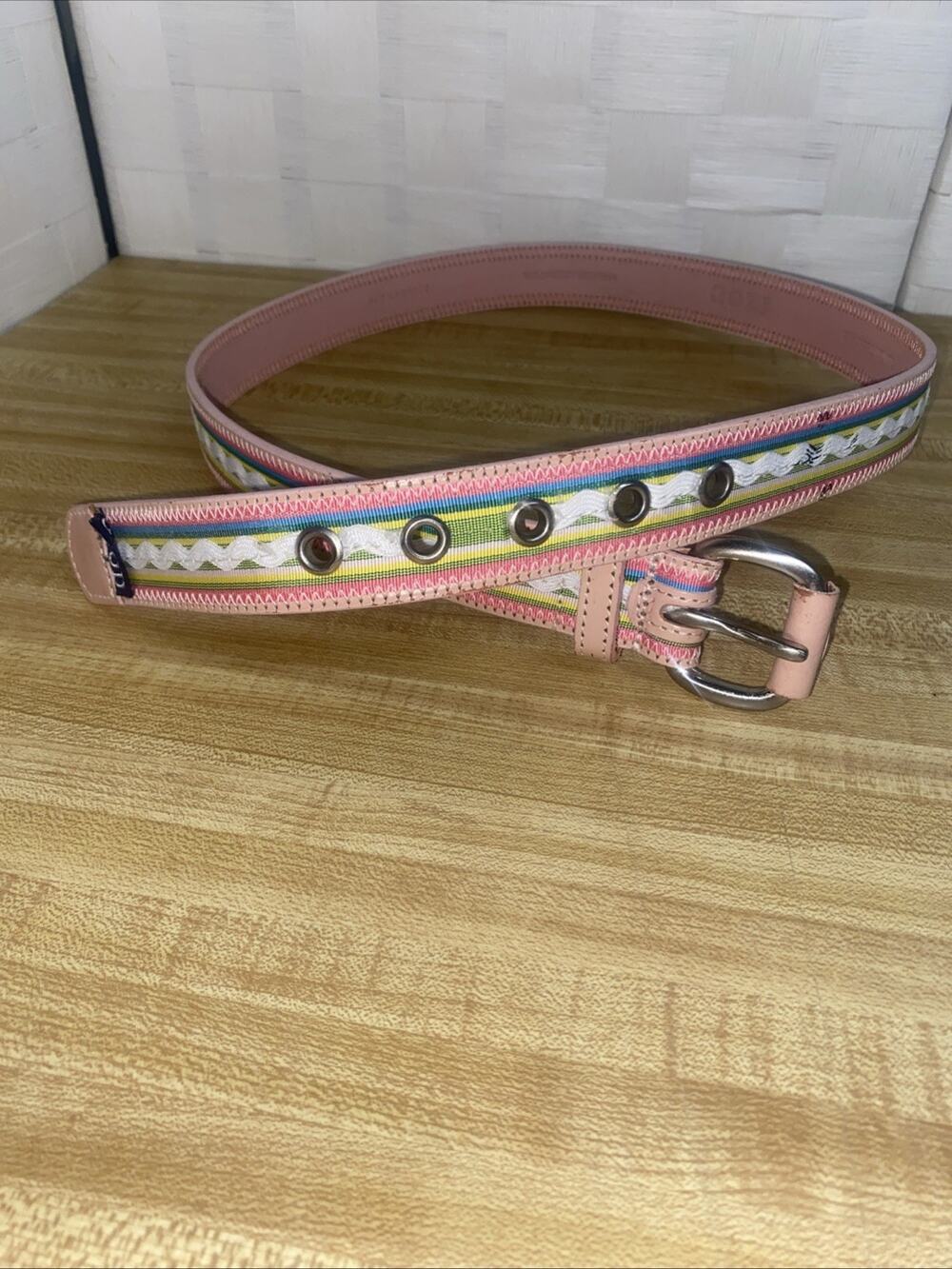 80s IZOD Pastel Pink Rainbow Ribbon Leather Belt Preppy Sz Medium